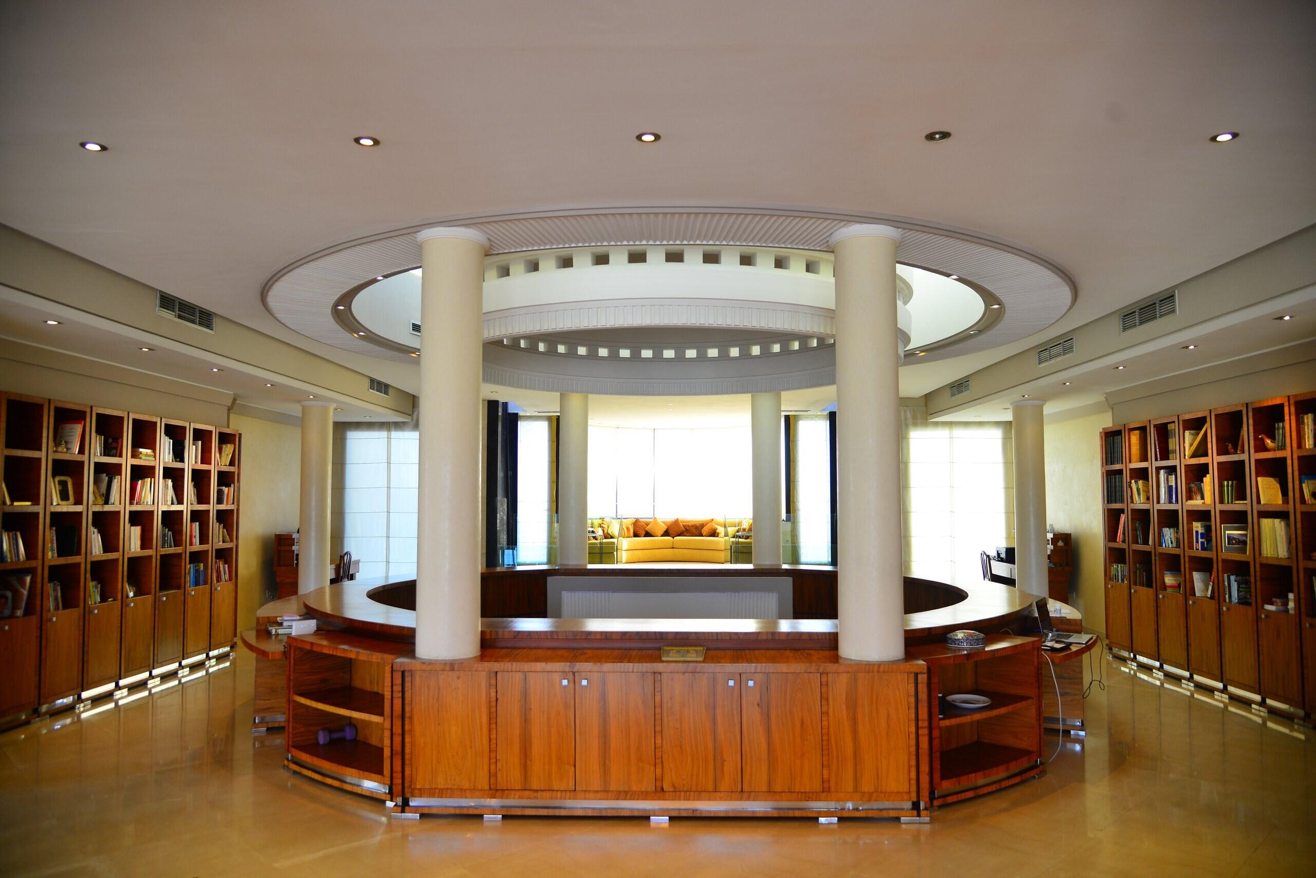 The round library on the family floor, under a domed skylight